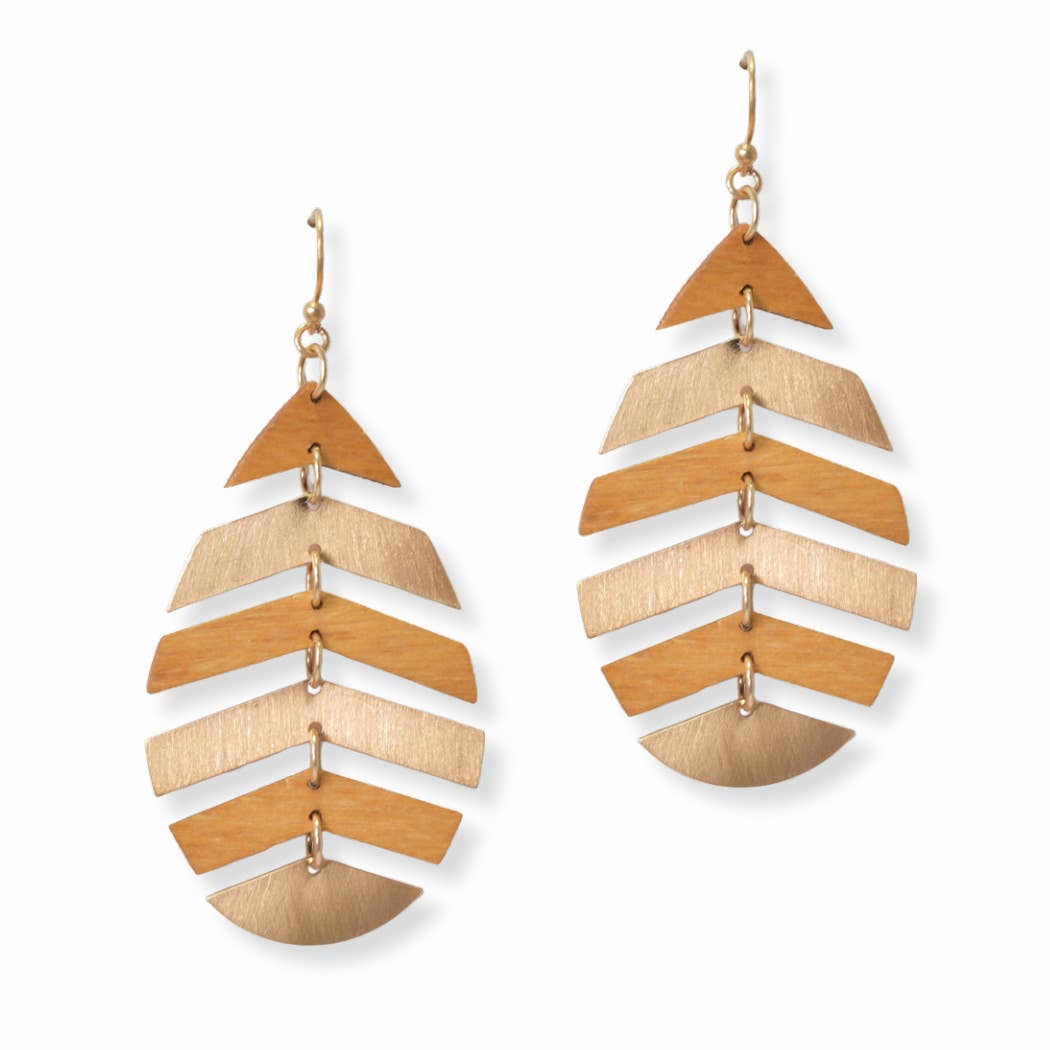 Wood N Metal Accent Leaf Dangle Earring