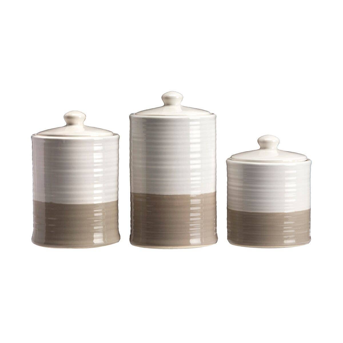 Taupe & Cream Ceramic Canister Set – 3 Piece Kitchen Storage