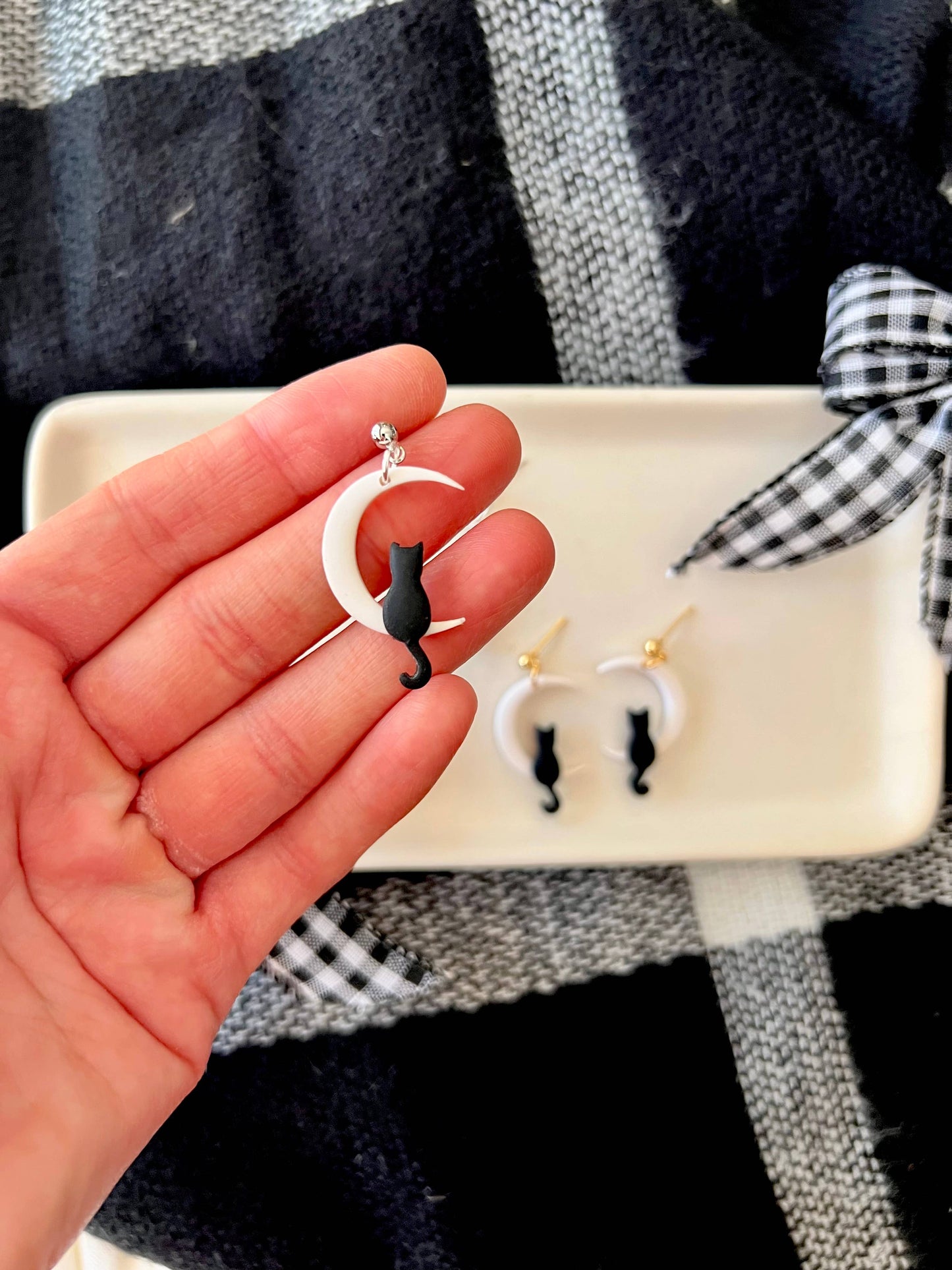 Cat Moon Earrings, Moon Earrings, Cat Clay Earrings