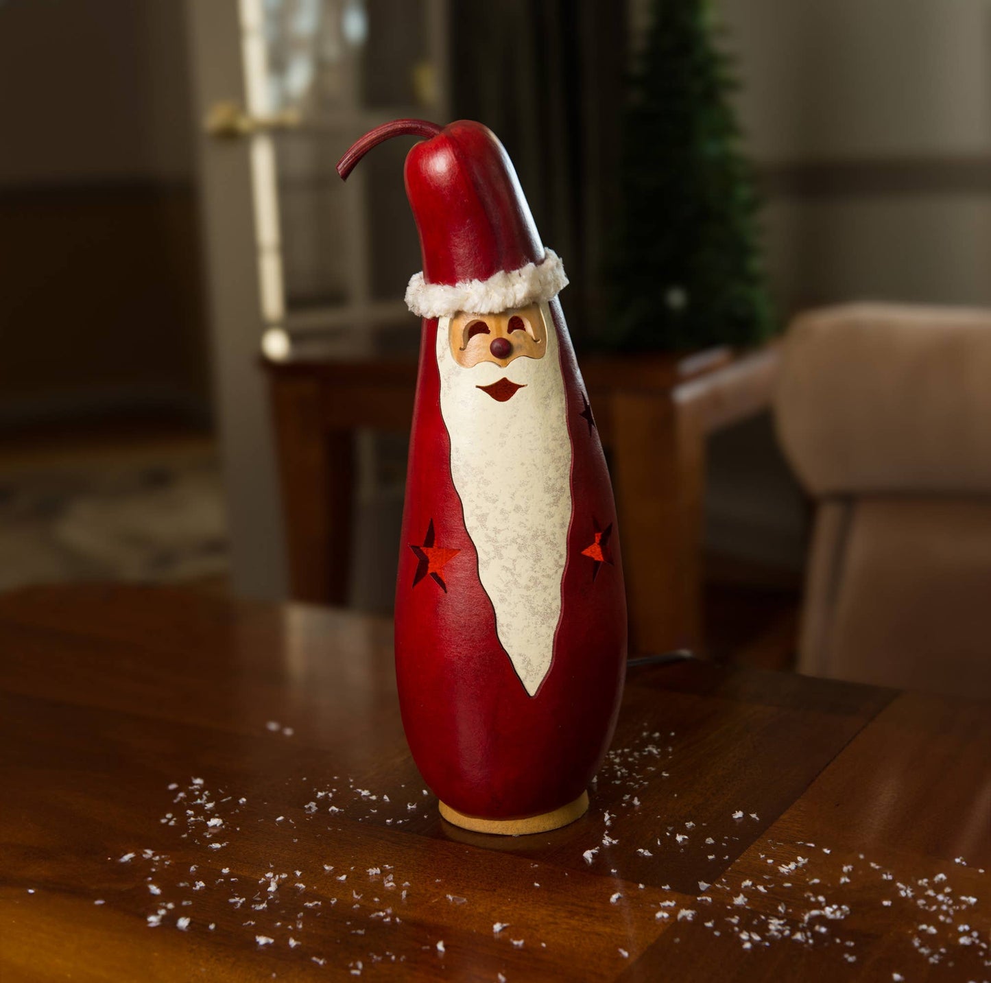 Red Santa Medium Tall Lit Hand-Crafted Gourd Luminary