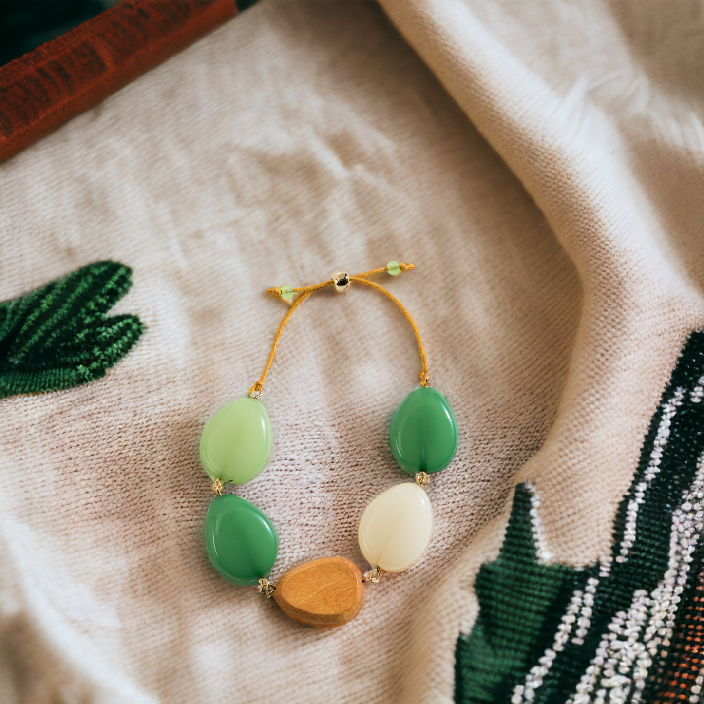 Sale - Green Glass and Wood Bead Adjustable Cord Bracelet