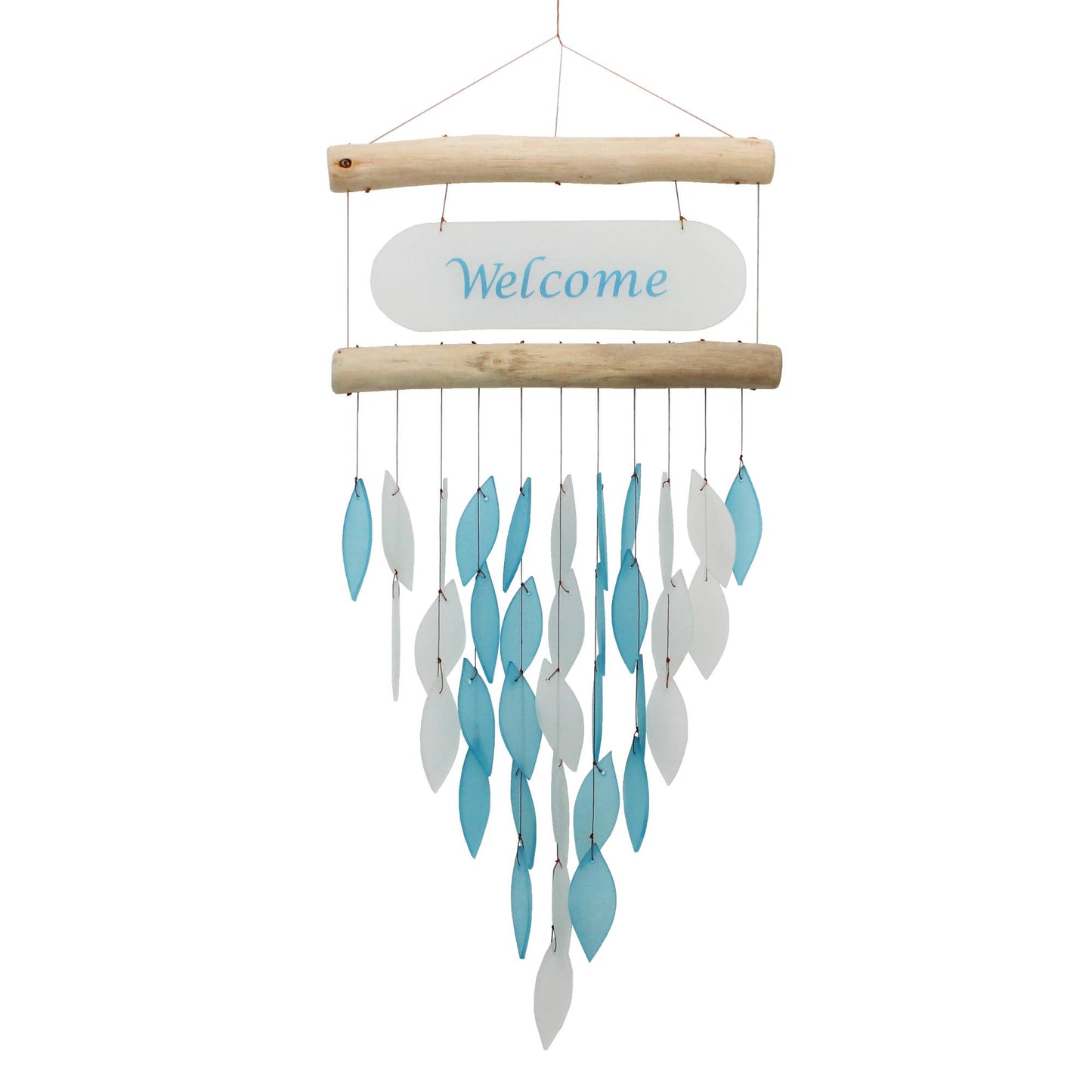 Light Blue and White "Welcome" Tumbled Glass Chime