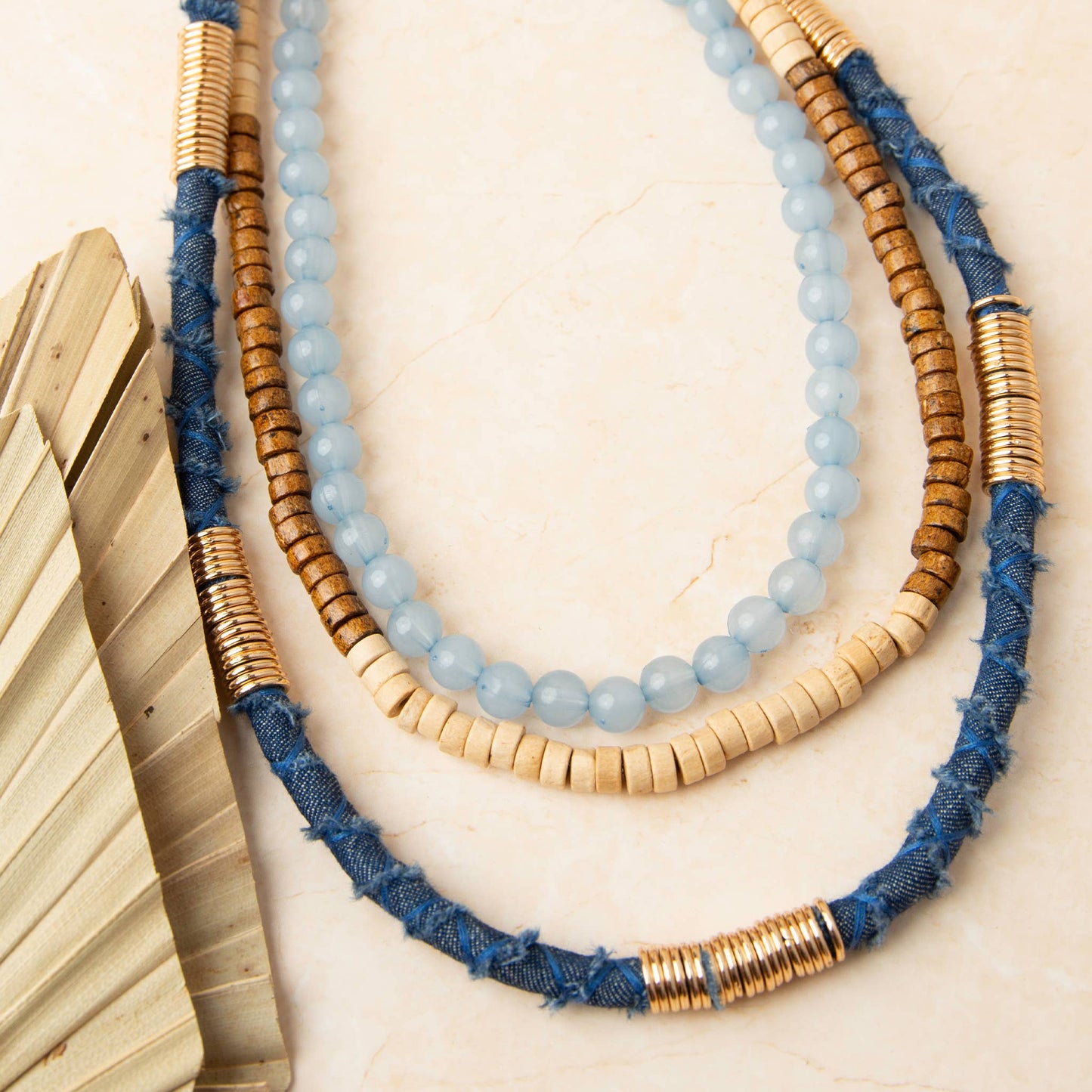 Inaya Layered Wood & Denim 22" Beaded Necklace