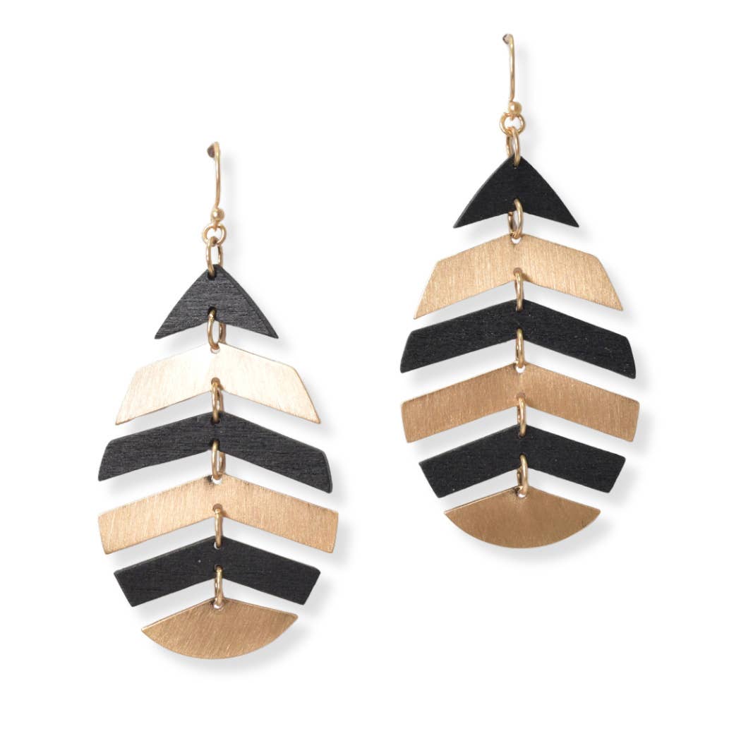 Wood N Metal Accent Leaf Dangle Earring