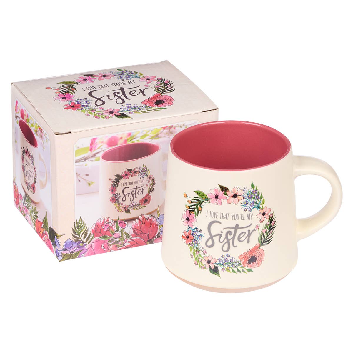 Mug Stoneware Pink/White Floral Sisters Eccl. 4:9