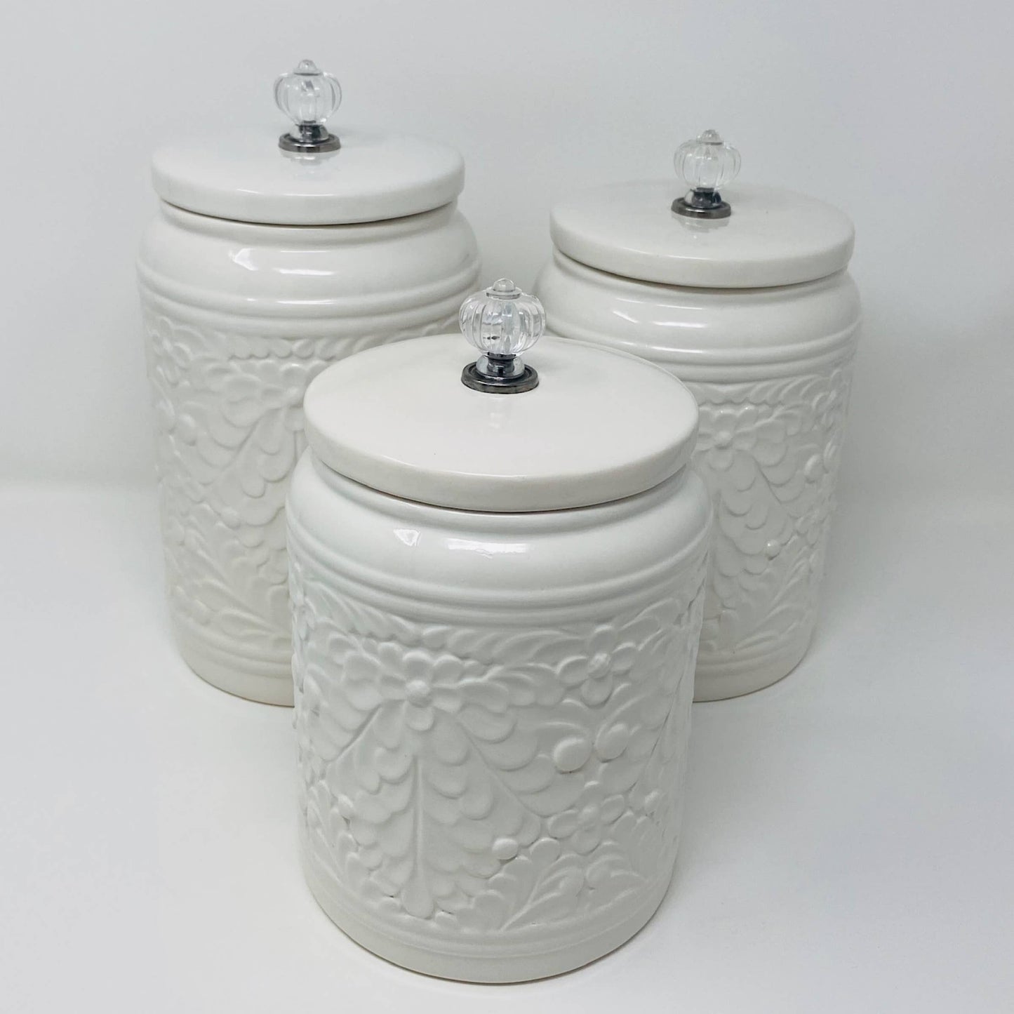 White Ceramic Canister Set with Crystal Knobs (3-Piece)