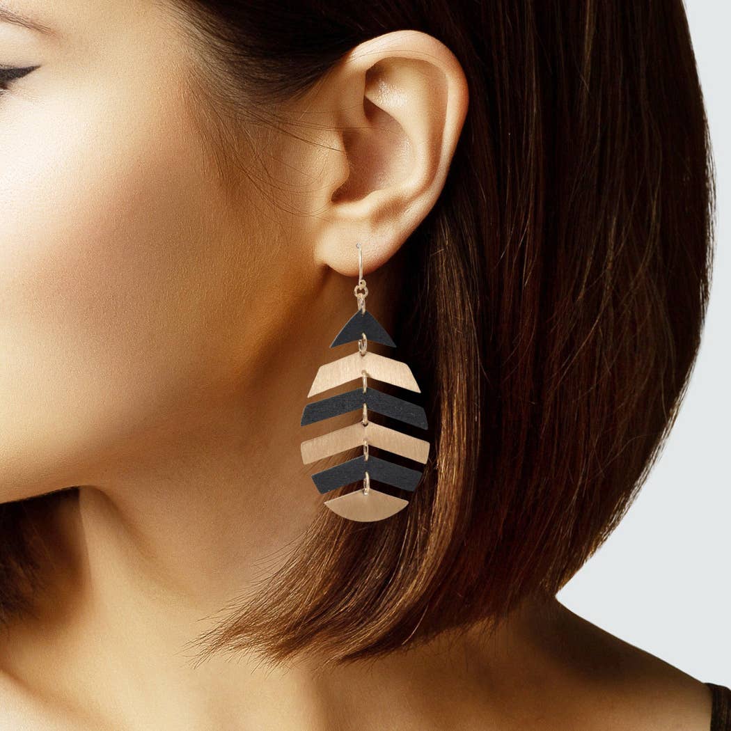 Wood N Metal Accent Leaf Dangle Earring