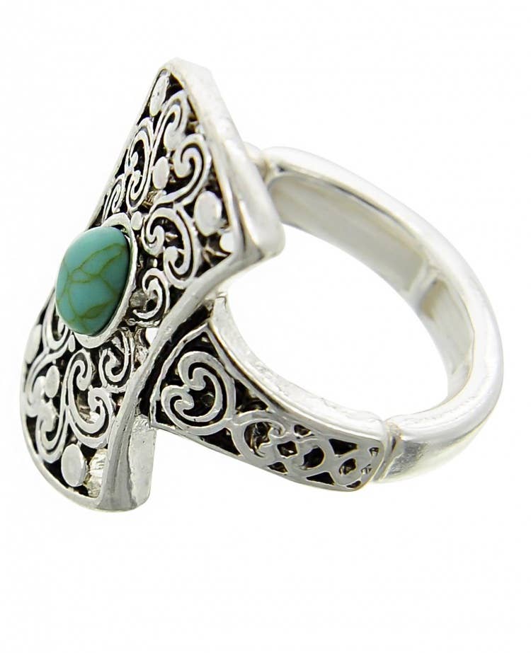 FR2007 Filigree Metal Stretch Ring With Turquoise Stone