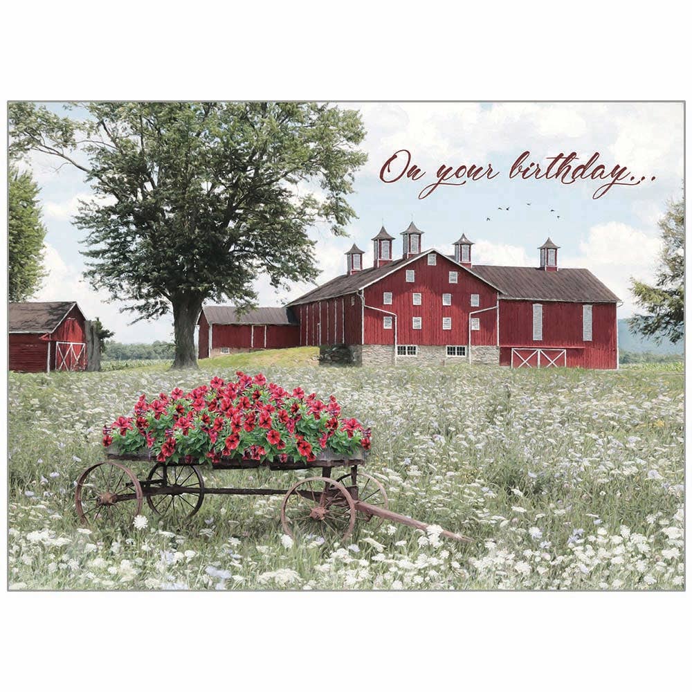 Red Barn With Wagon - Faith Birthday Card