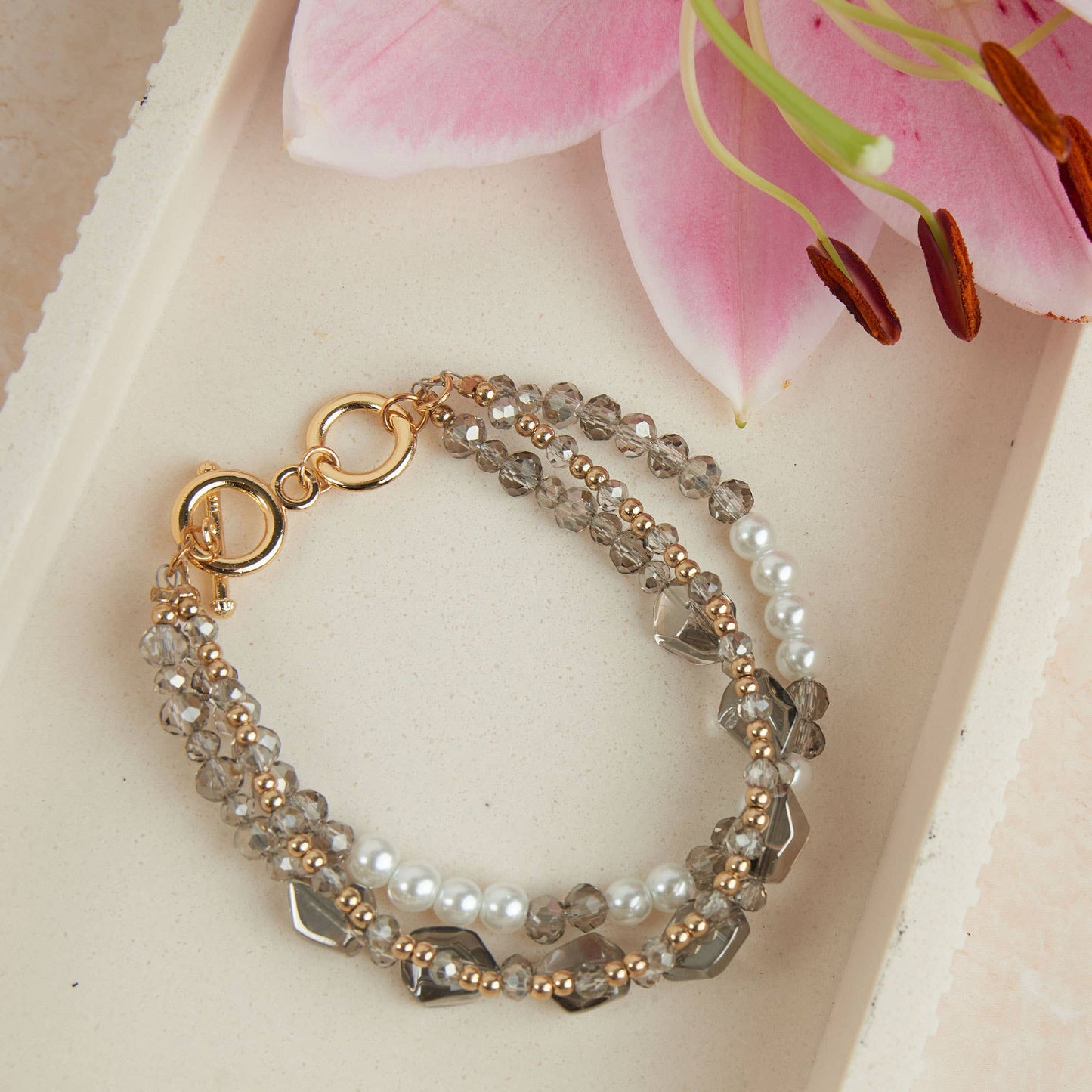 Aveline Multi Row Glass and Pearl Toggle Bracelet