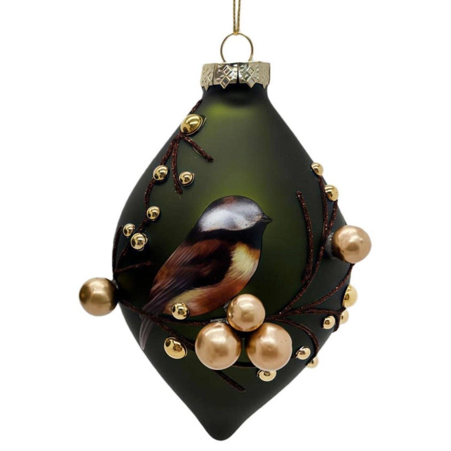Chickadee w/ Gold Berries Glass Ornament 6.25"