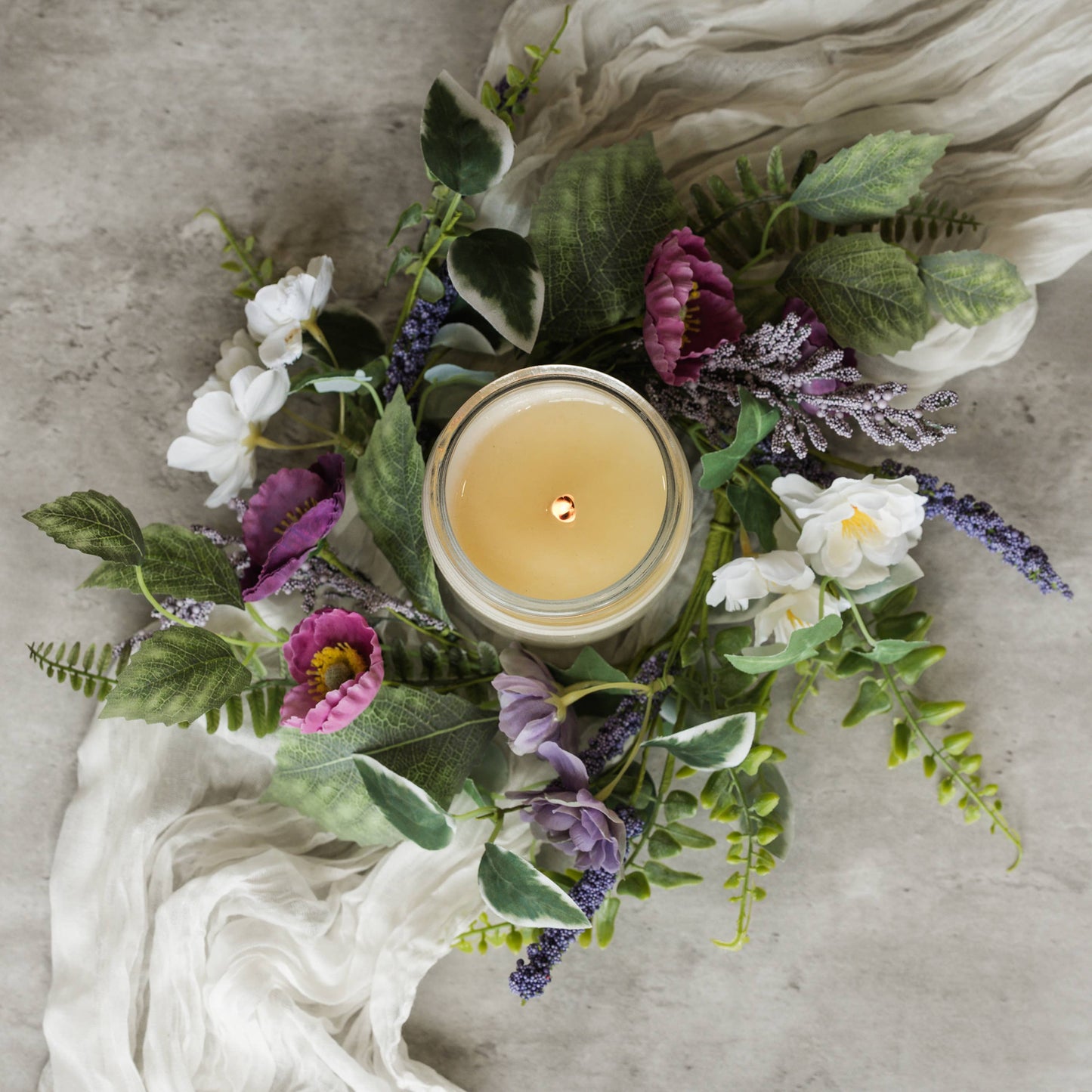 12" PURPLE CHERRY BLOSSOM, LAVENDER & POPPY CANDLE RING