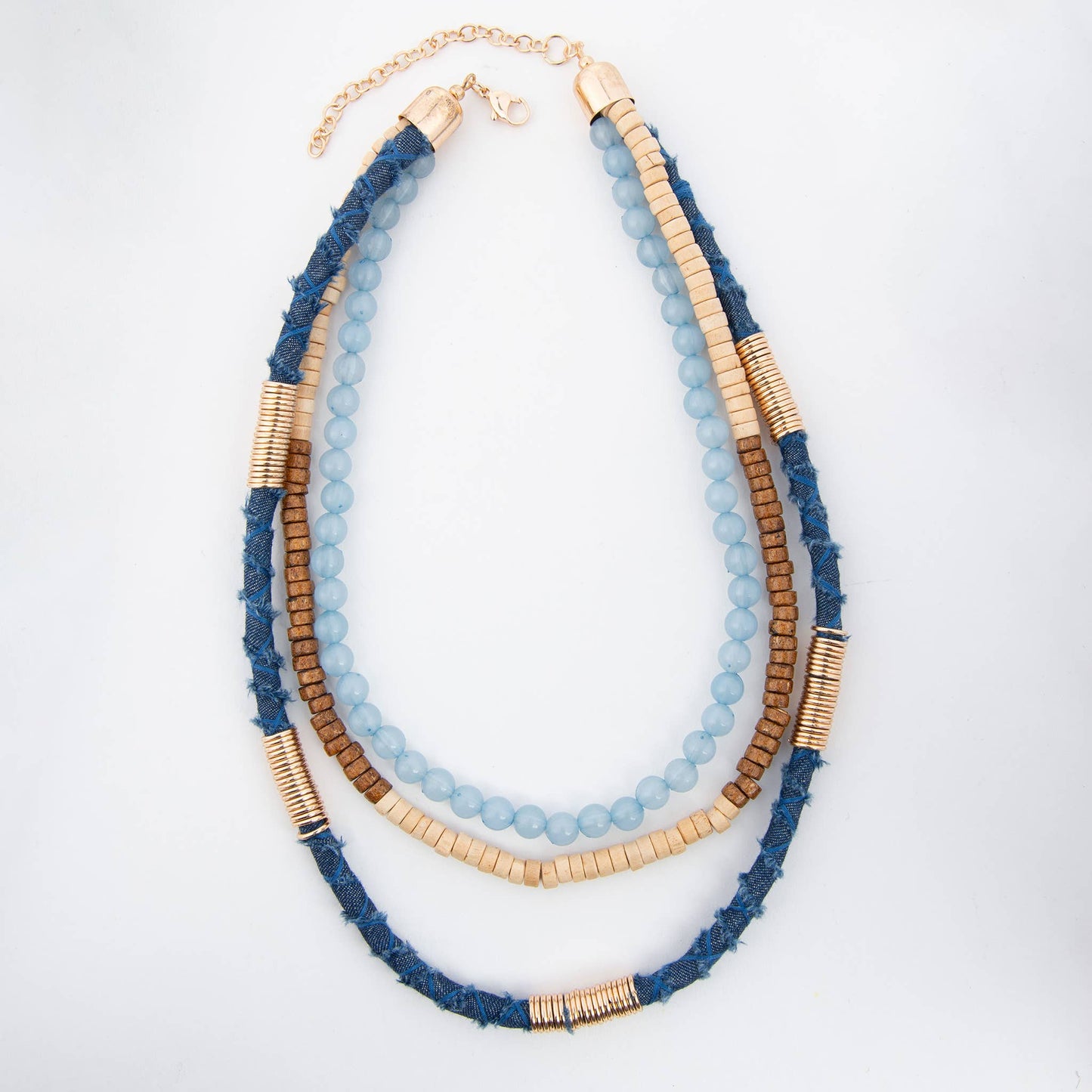Inaya Layered Wood & Denim 22" Beaded Necklace