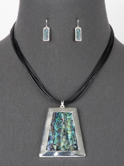 FR5905 Abalone Filigree Trapezoid Cord Layered Pendant Set