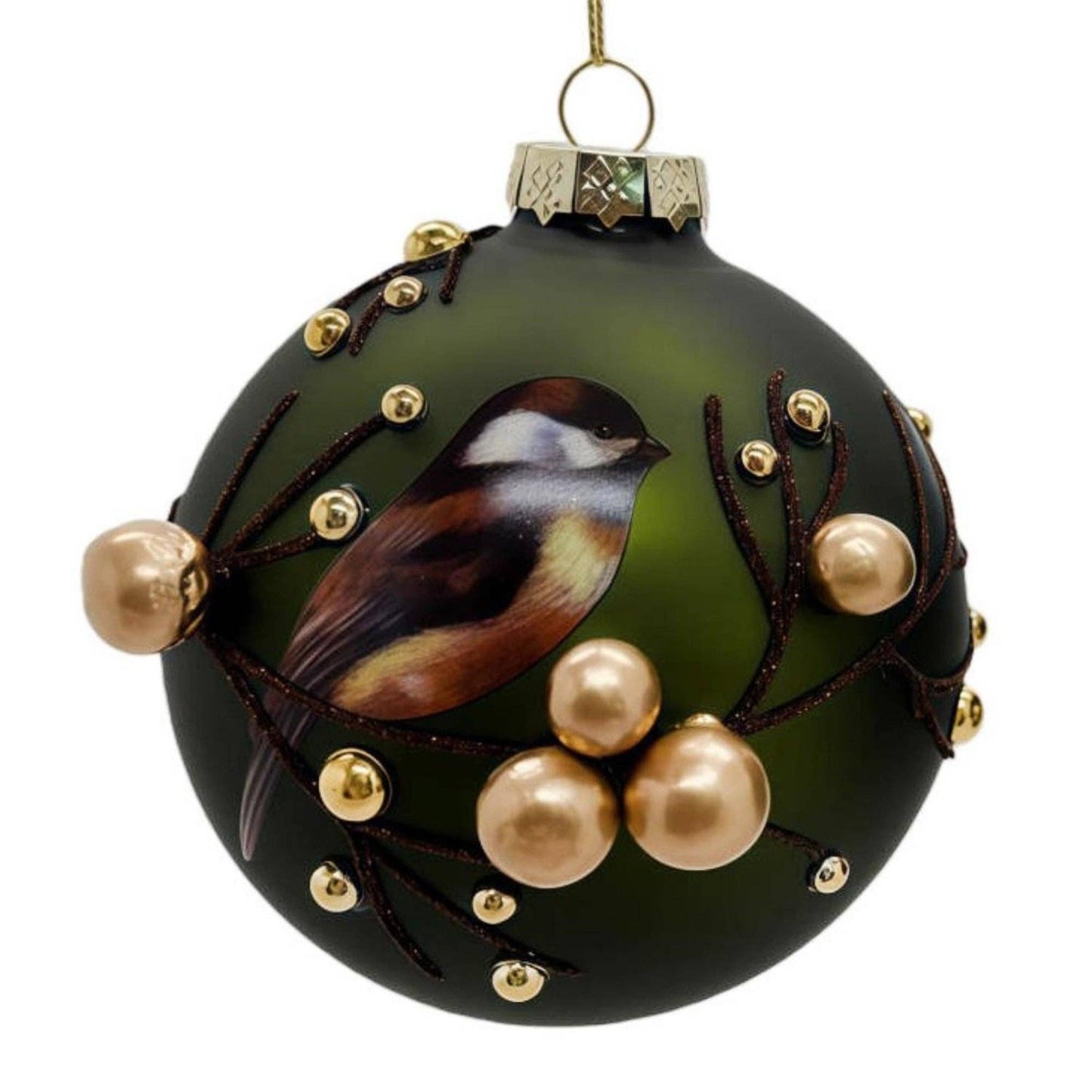 Chickadee w/ Gold Berries Glass Ornament 4.5"