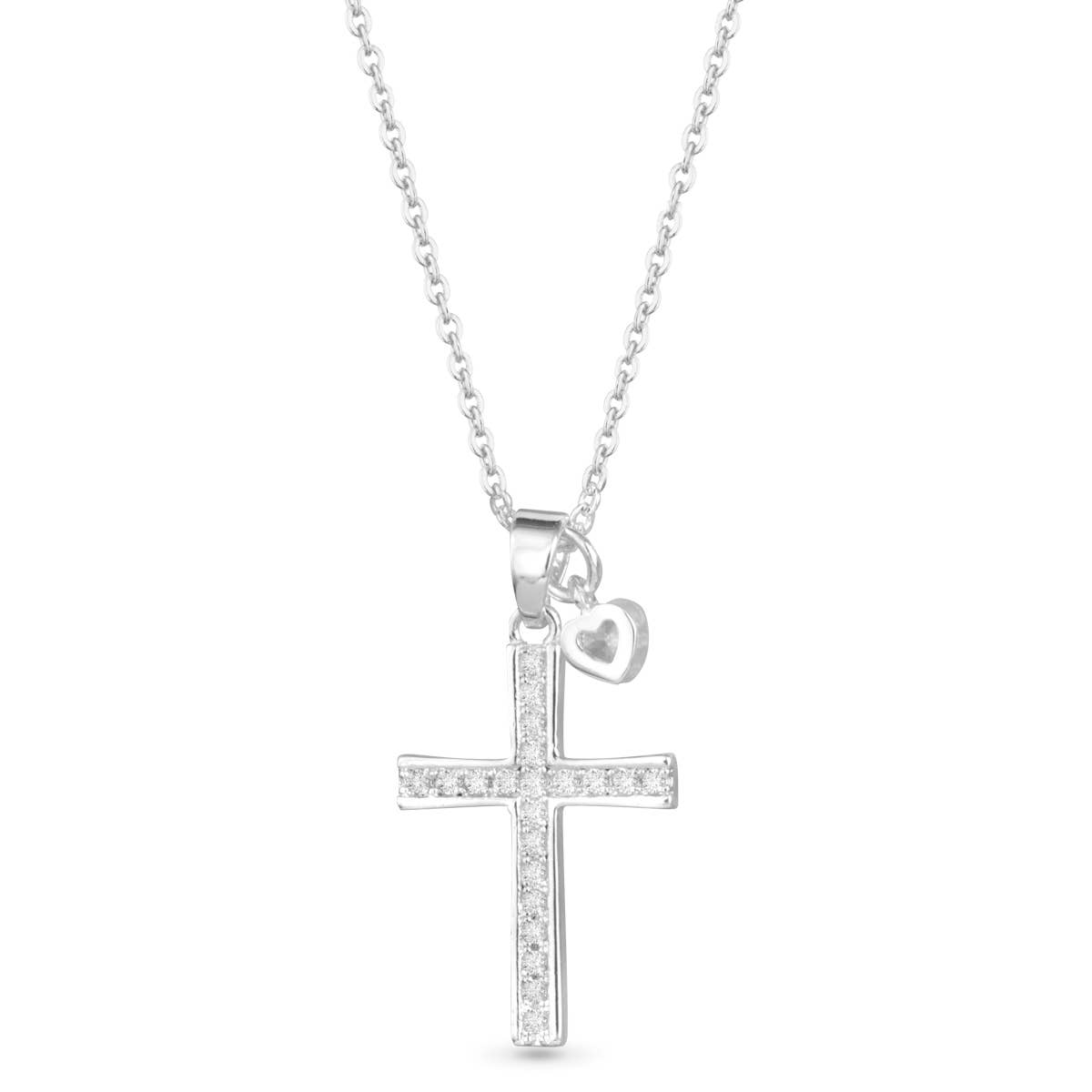 Pave Cross with Heart Droplet Necklace - Silver
