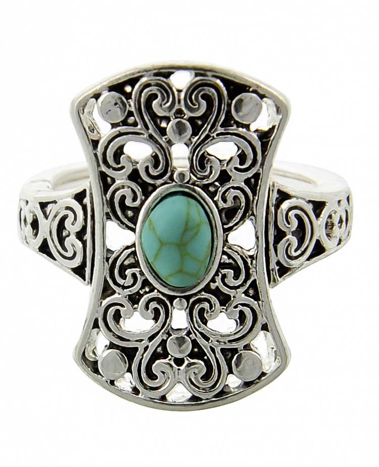 FR2007 Filigree Metal Stretch Ring With Turquoise Stone