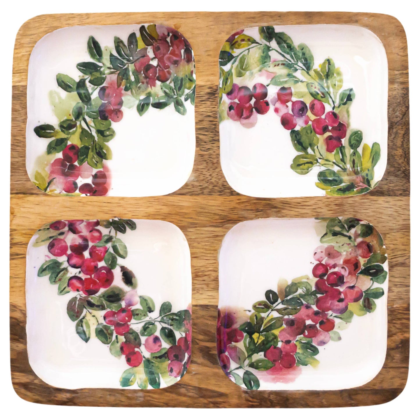 10" Cranberry Wreath 4 Sectioned Mango Wood Tray Mangiacotti