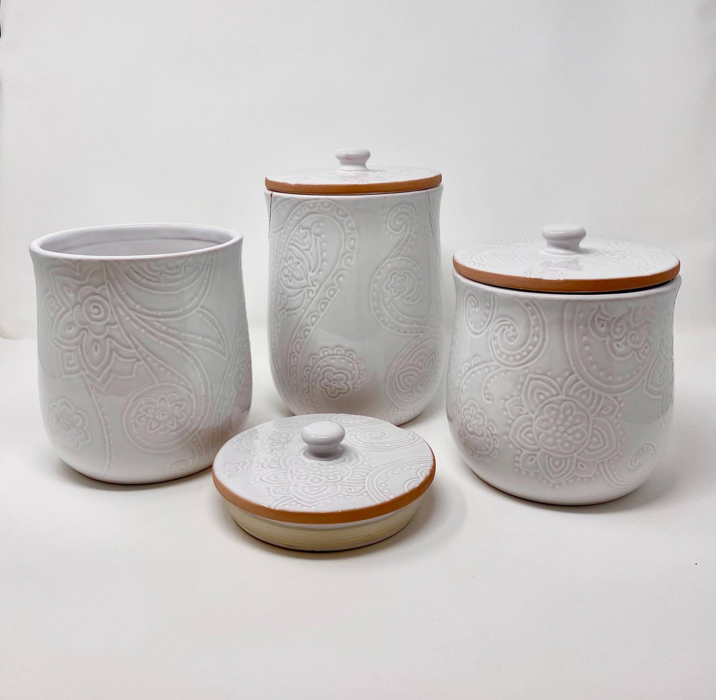White Embossed Paisley Design Canister Set