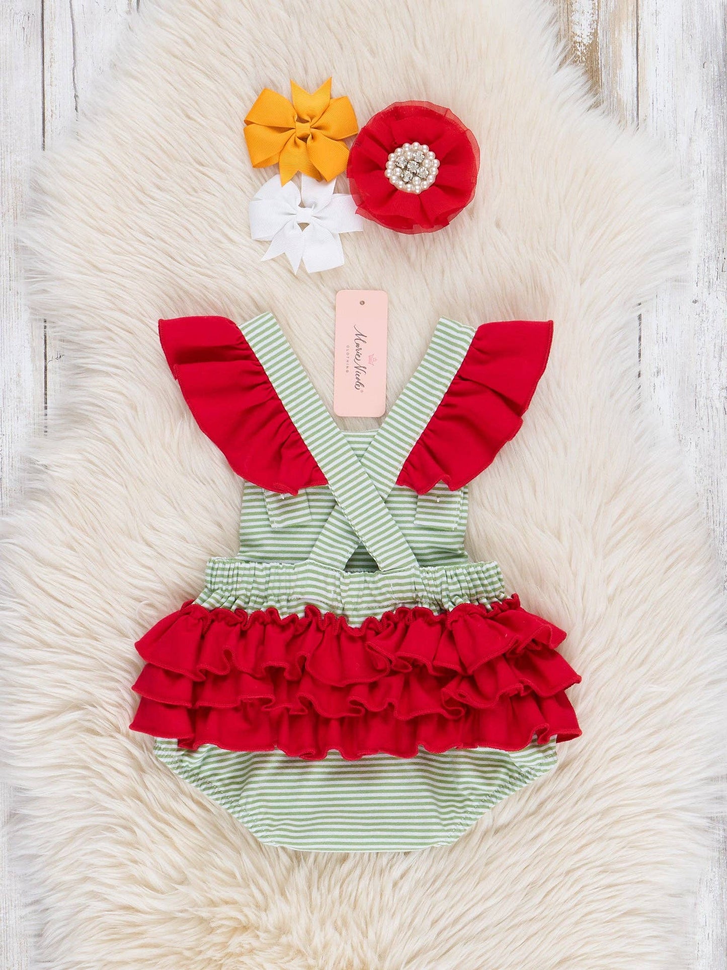 Striped Embroidered Farmhouse Cotton Ruffle Bubble Romper