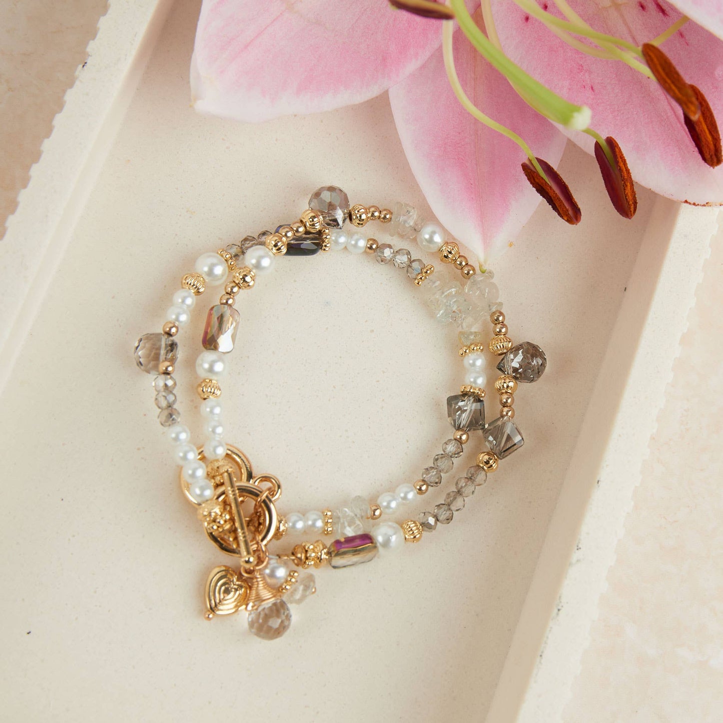 Aveline Multi Row Glass and Pearl Toggle Bracelet