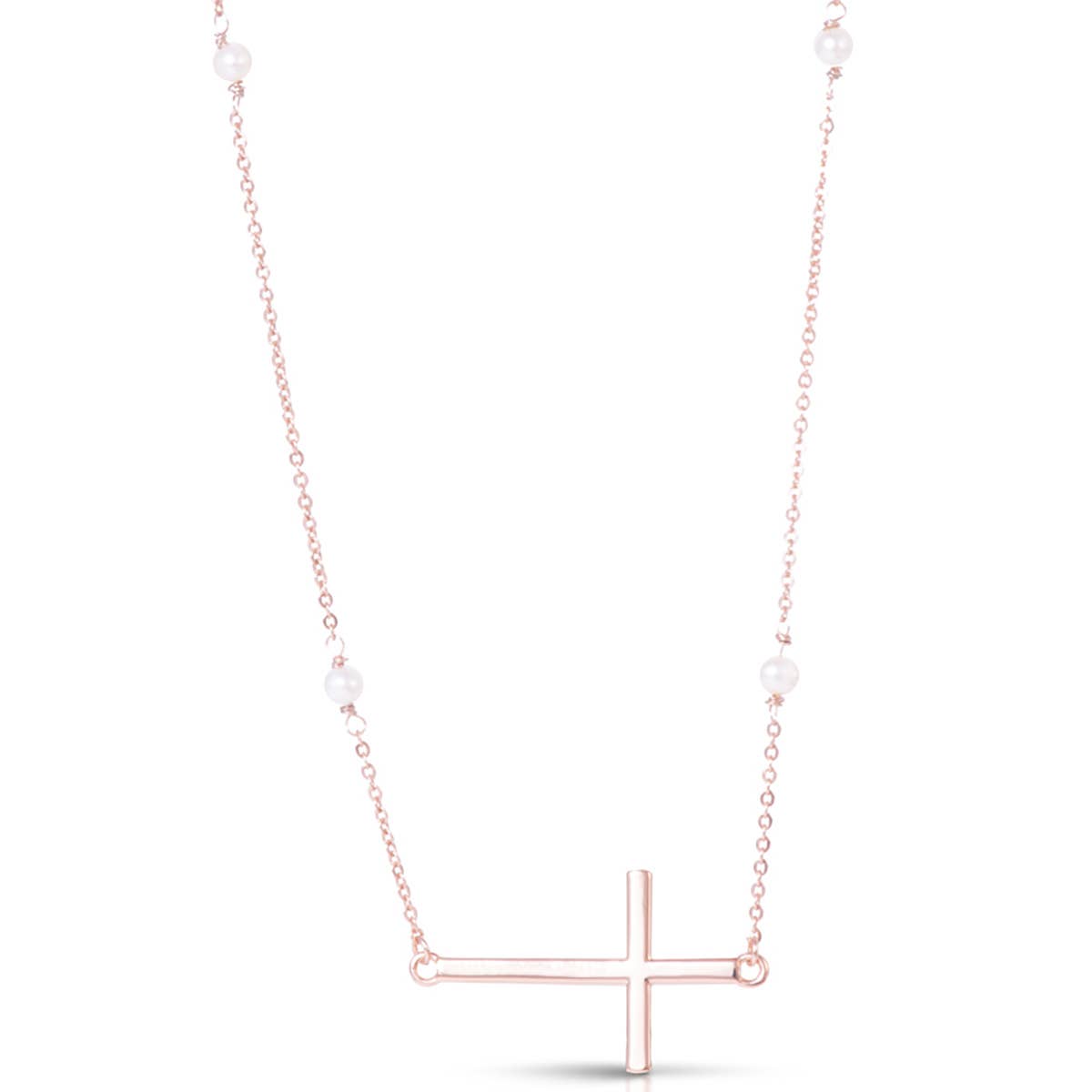 Laying Cross with Pearls Necklace - Rosegold