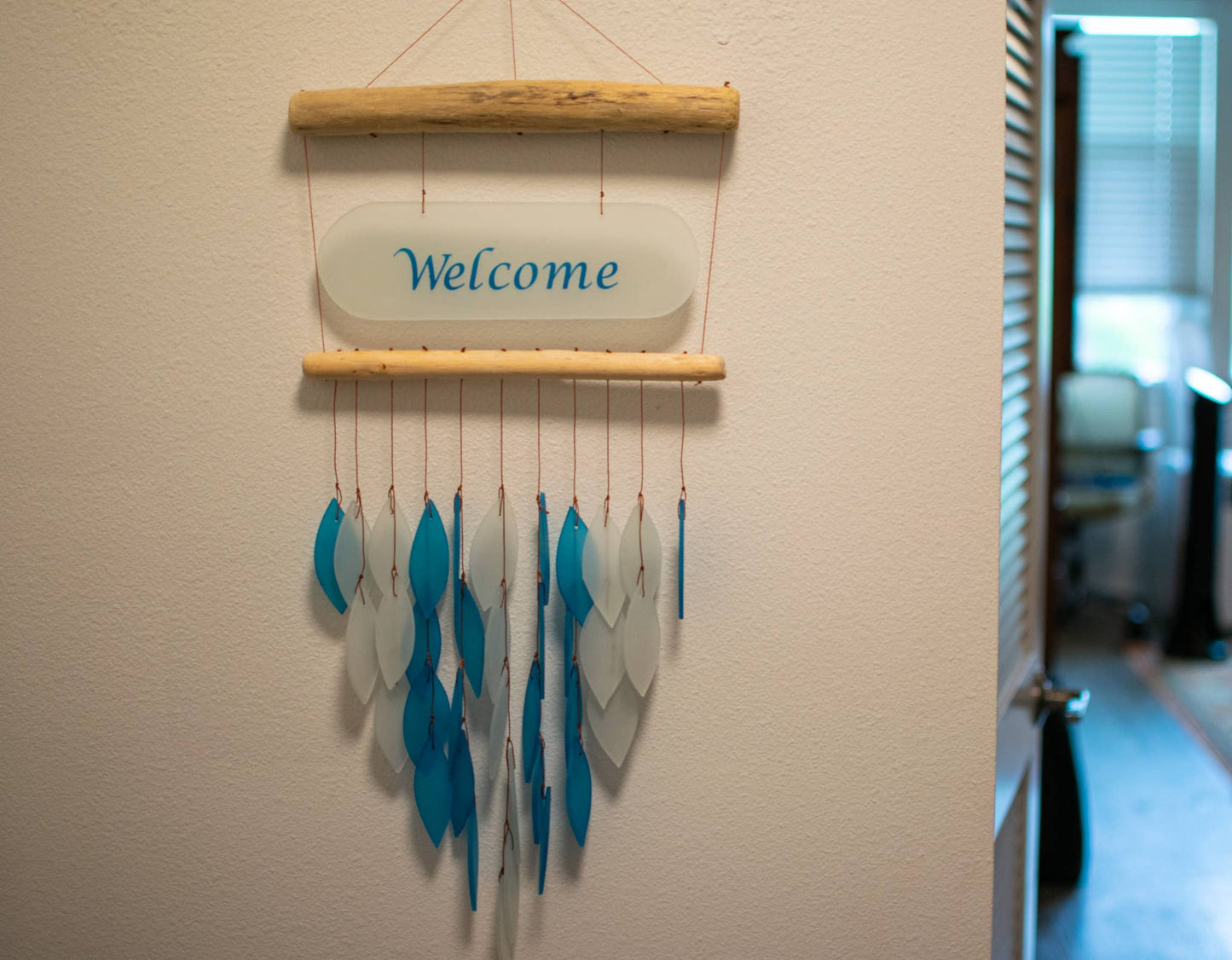Light Blue and White "Welcome" Tumbled Glass Chime