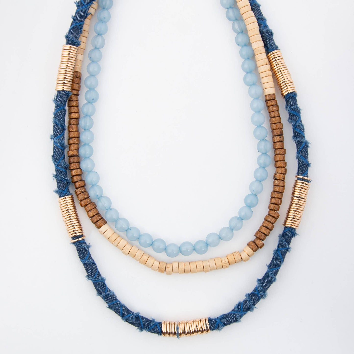 Inaya Layered Wood & Denim 22" Beaded Necklace