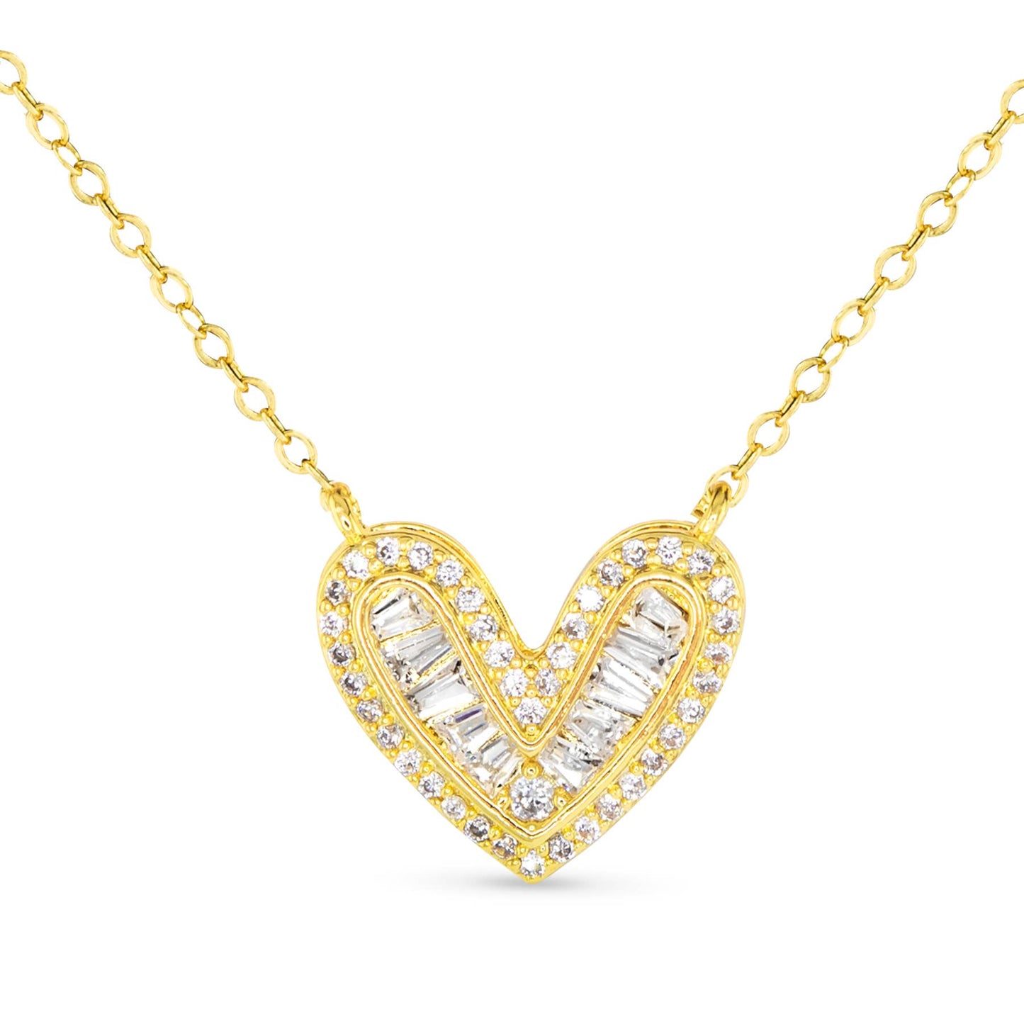 Gold Heart Necklace with Baguette CZ