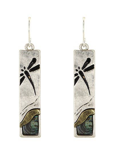 FR2586 Worn Silver Abalone Dragonfly Rectangle Earrings