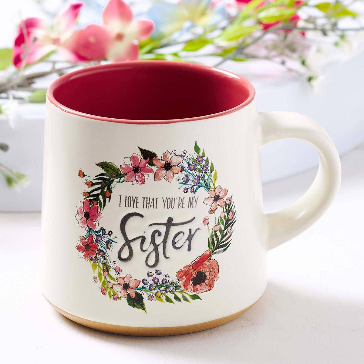 Mug Stoneware Pink/White Floral Sisters Eccl. 4:9