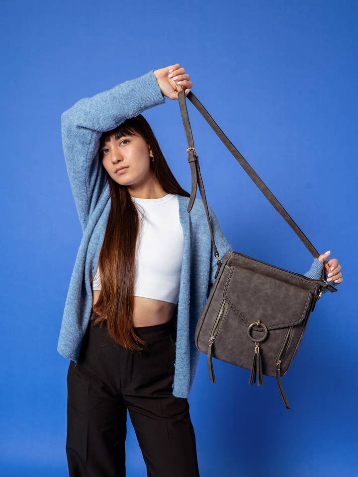 M2347 Layla Faux Suede Whipstitch Crossbody w/ Tassel