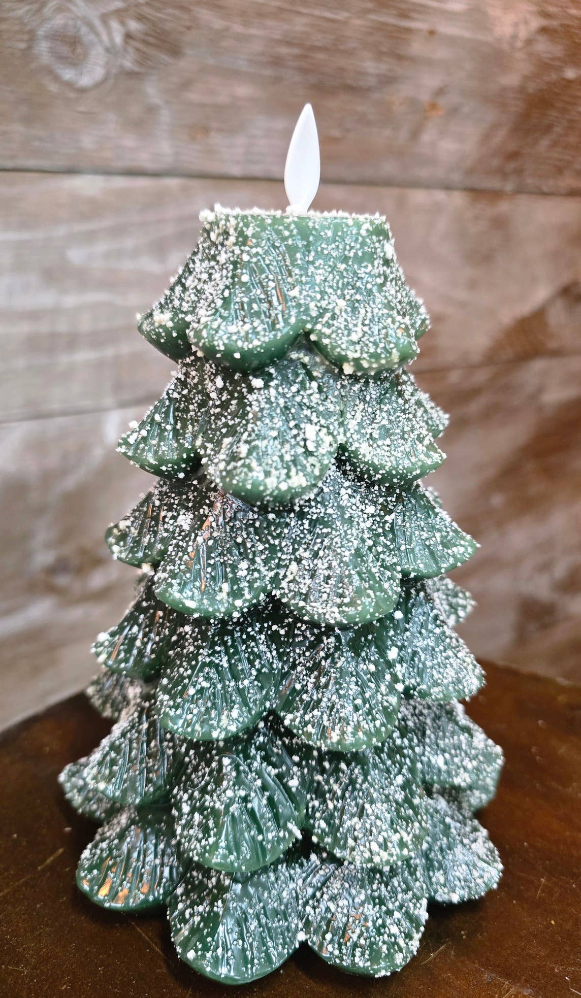 Green Xmas Tree w/ Glitter Moving Flame LED Candle 5x6.5in