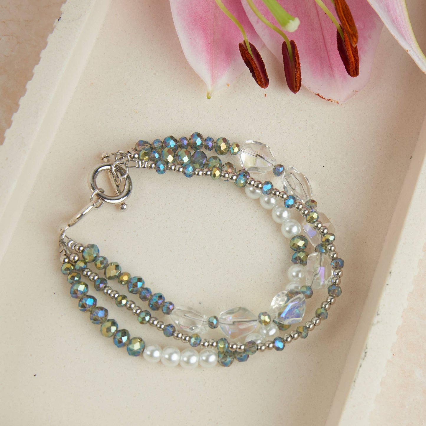 Aveline Multi Row Glass and Pearl Toggle Bracelet