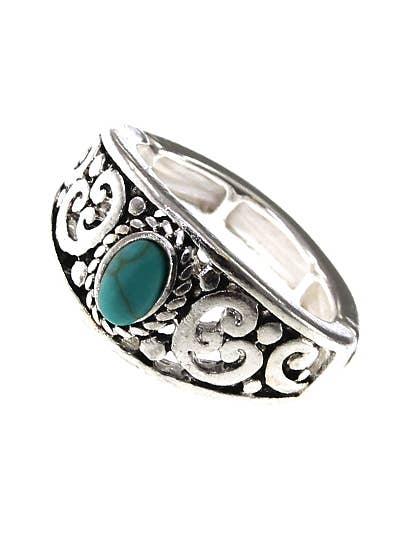 FR4004 Filigree Turquoise Stone Metal Stretch Ring