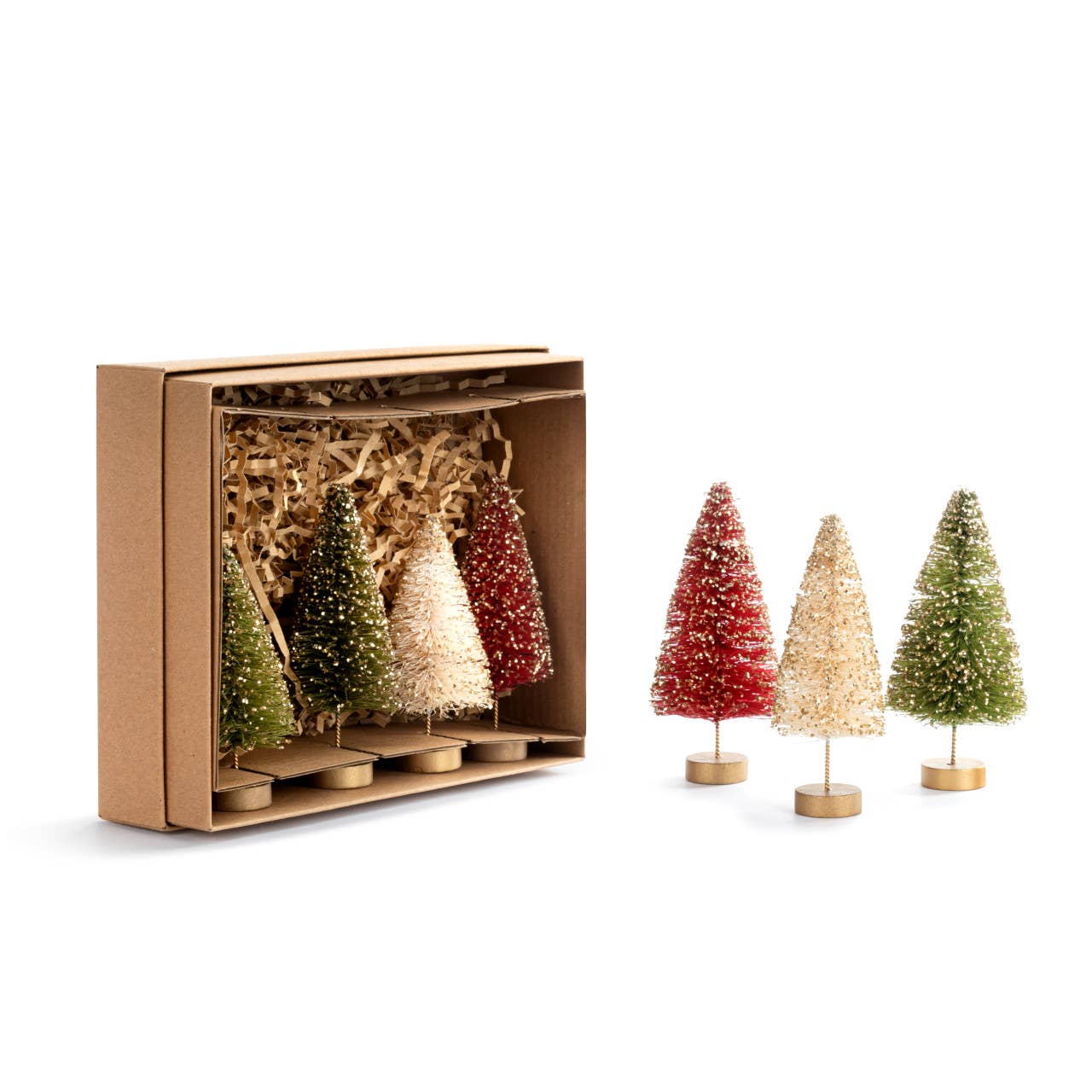 Red White Green Mini Bottle Brush Trees - Set of 7