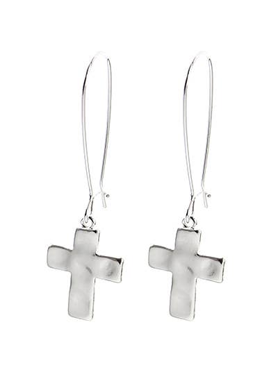 FR4877 Silver Hammered Cross French Hook Earrings