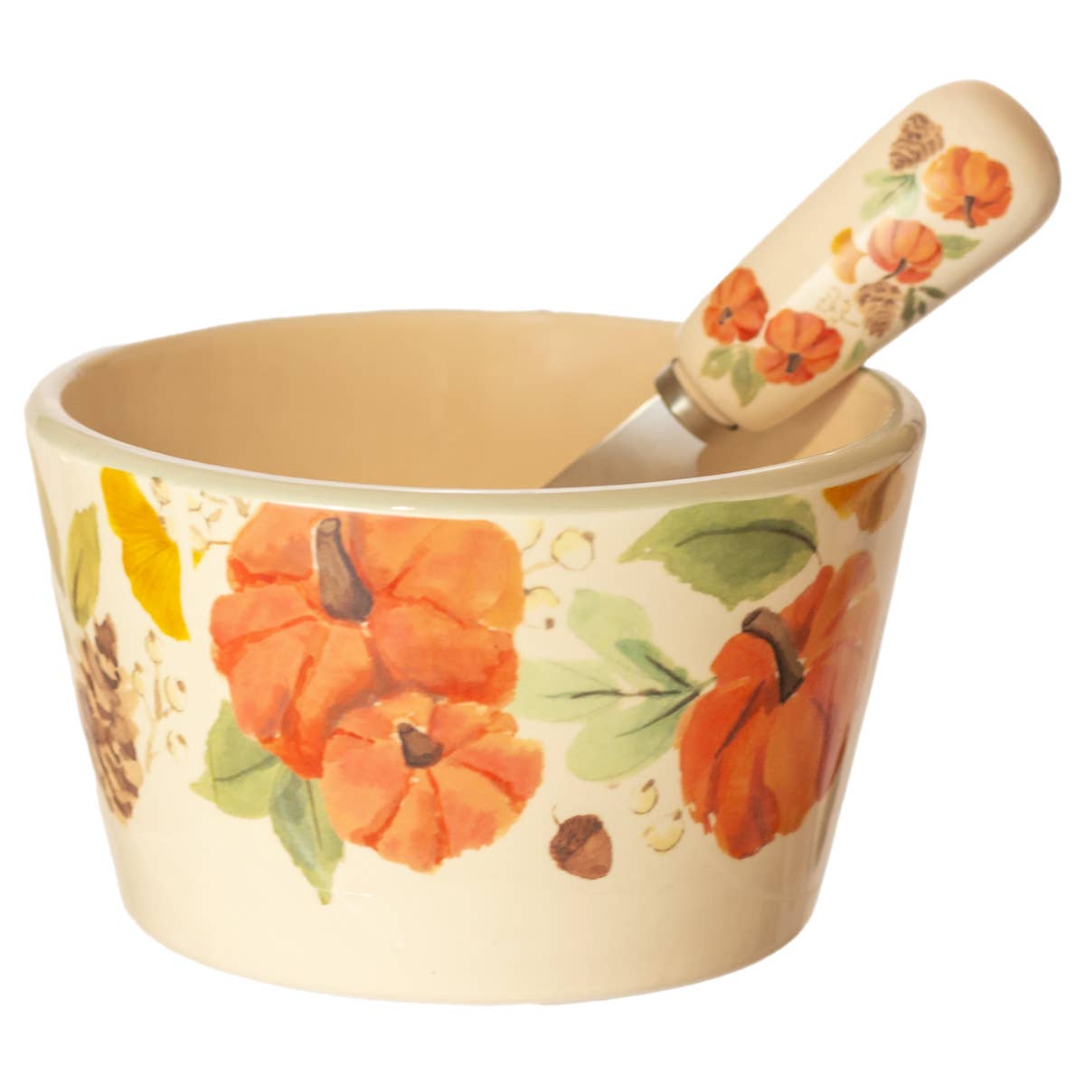 4.75" Round Harvest Ceramic Bowl & Spreader Fall