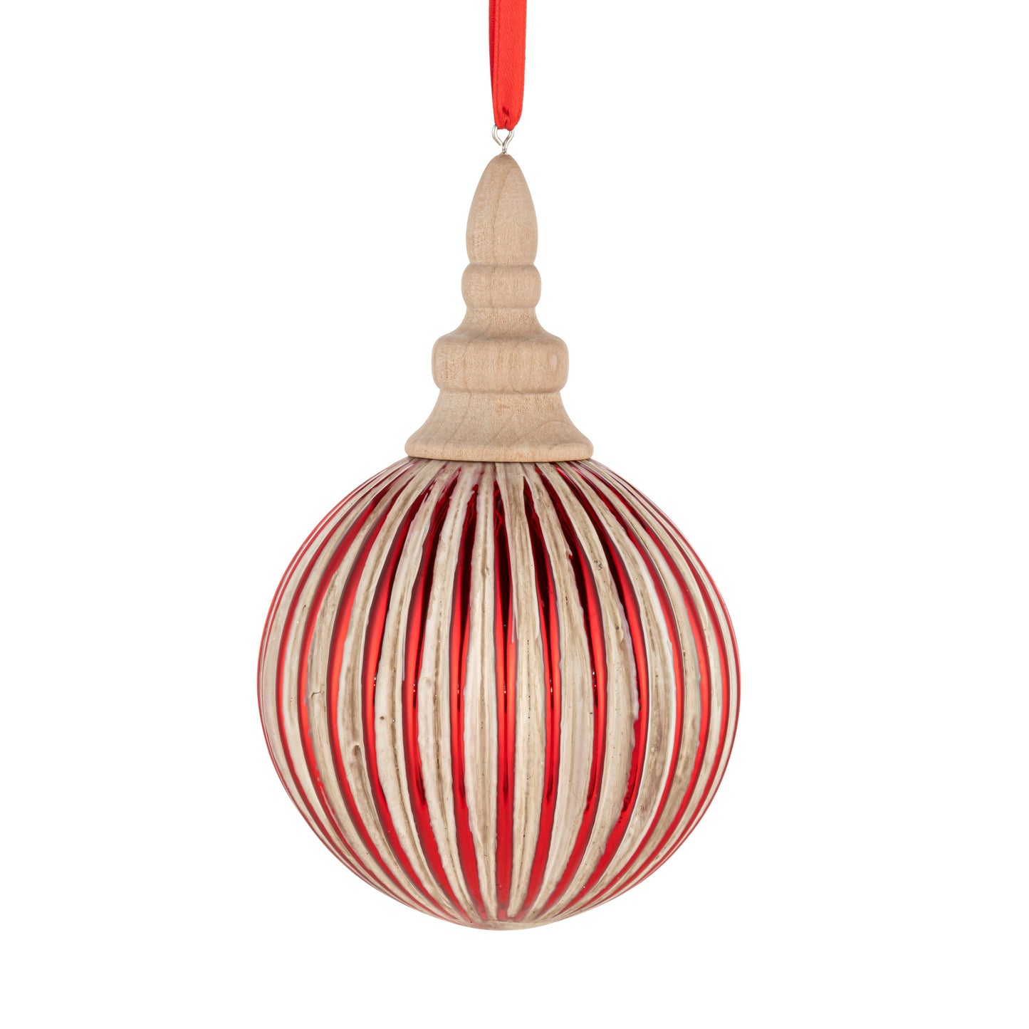 Red Wood and Glass Ribbed Ball Ornament - 4x6in