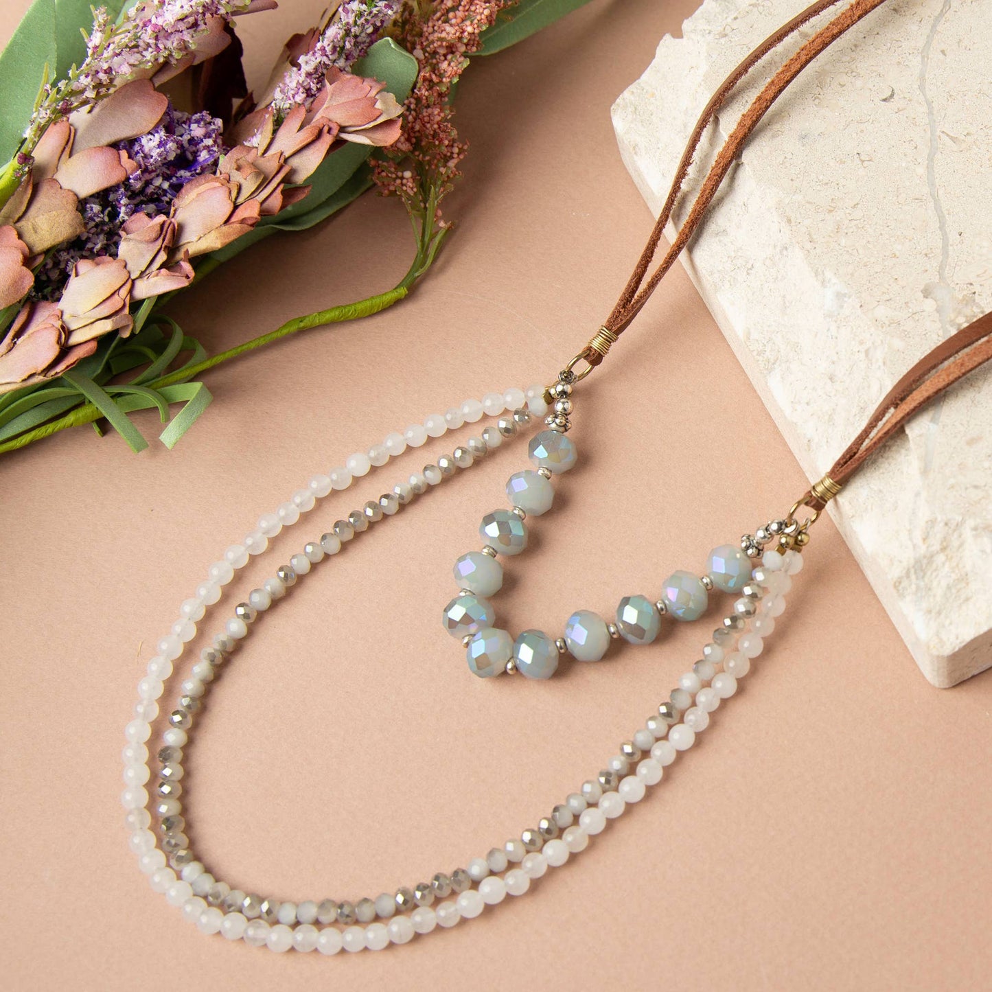 Aliina Multi Row White Jade 24" Western Beaded Necklace