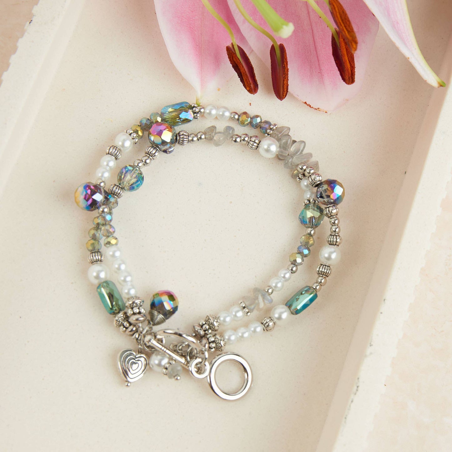 Aveline Multi Row Glass and Pearl Toggle Bracelet