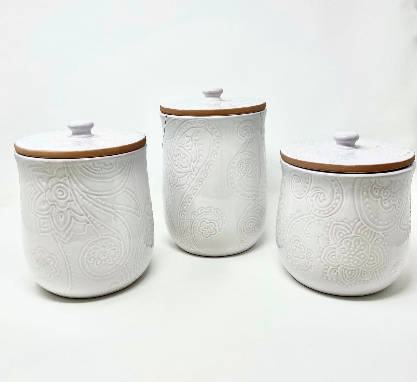 White Embossed Paisley Design Canister Set