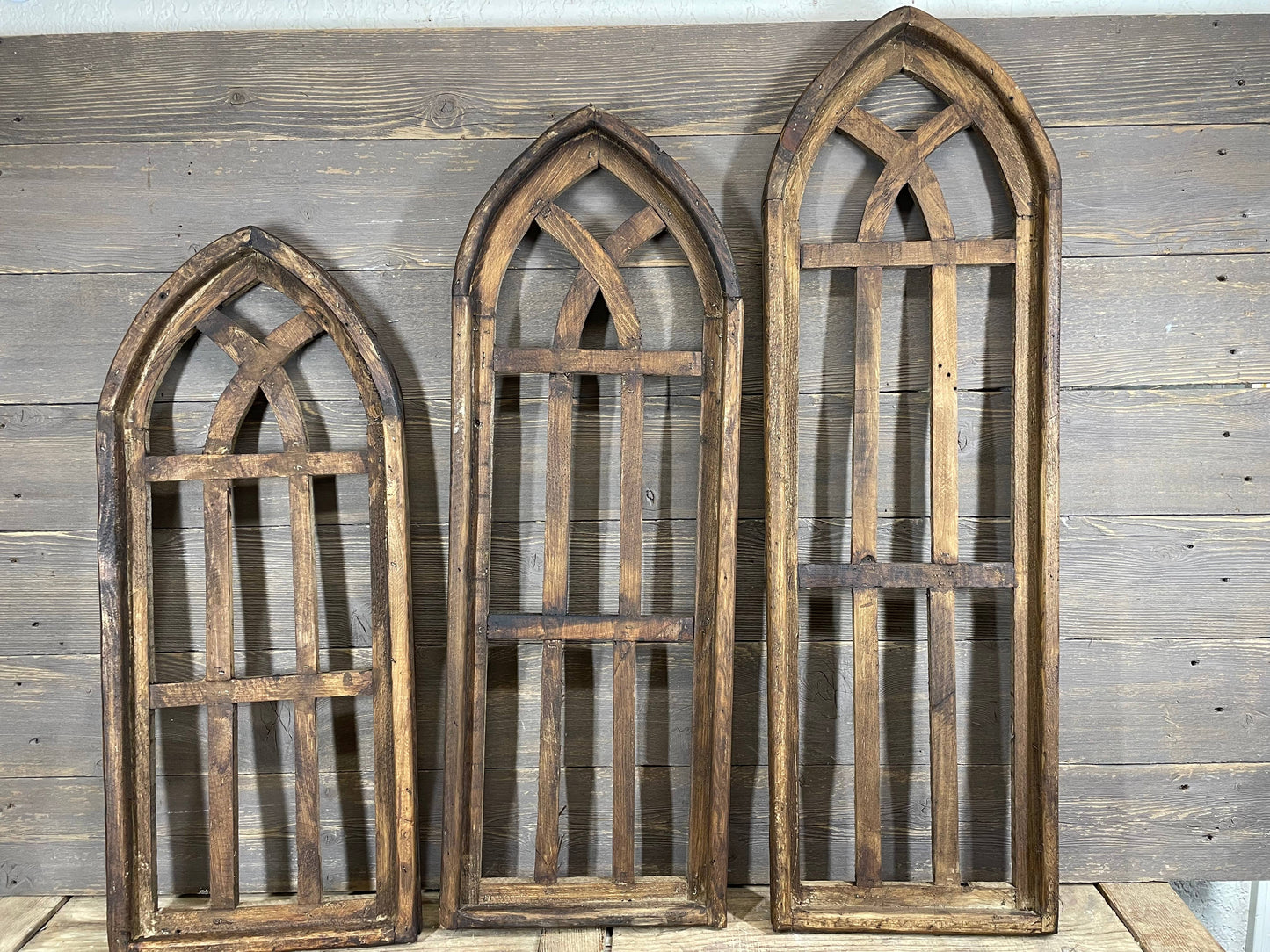 Great Buy-WH-Cathedral Rustic Wall Windows-Set 3-Wax-Brown