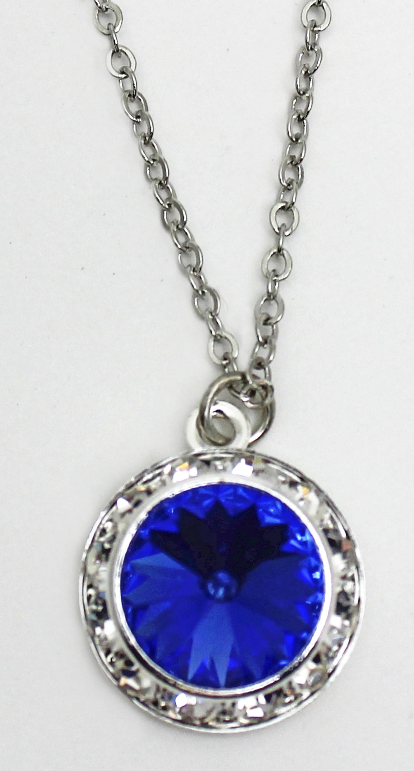 Rhinestone Rivoli Sapphire Pendant with 18" Silver Chain