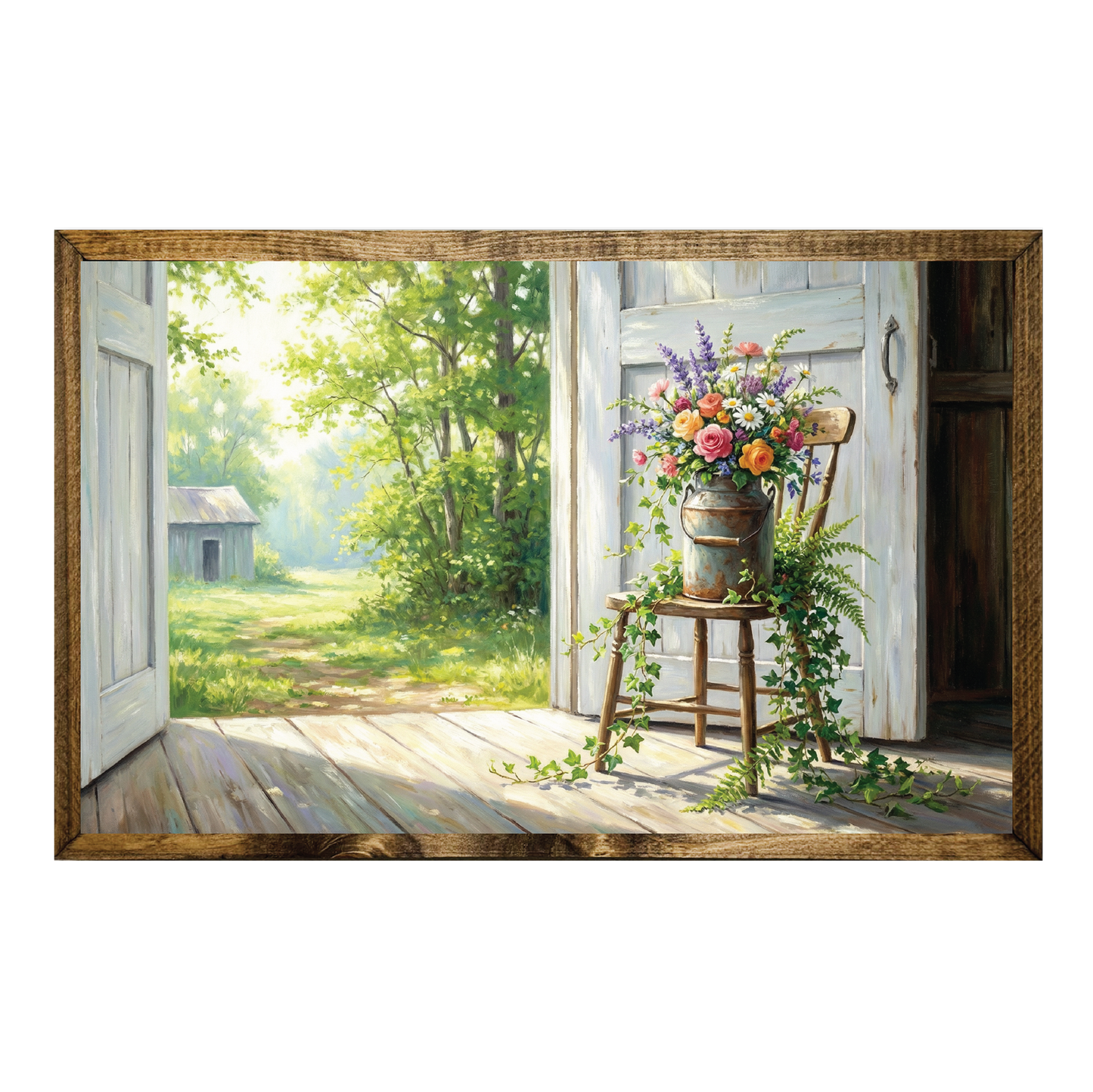 TIMBERLAND FRAME OIL PAINTING FLORAL METAL CAN IN BARN