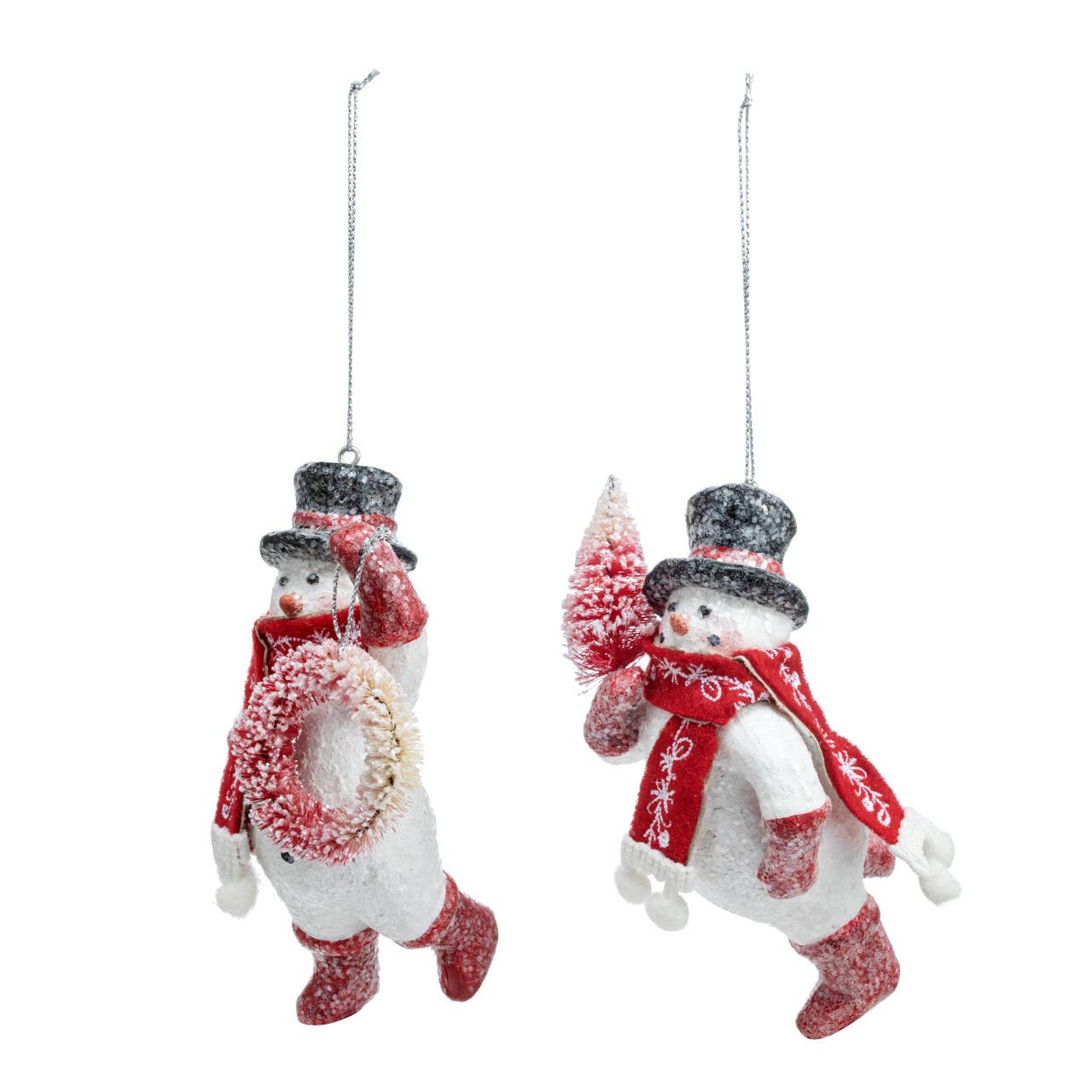 Sparkly Snowmen Ornaments with Bottle Brush - 2 Assorted