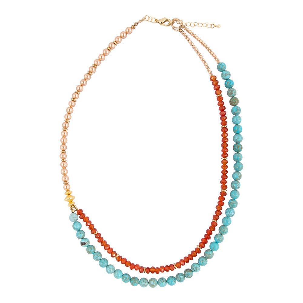 Canyon Blue Turquoise and Orange Carnelian Long Golden Necklace