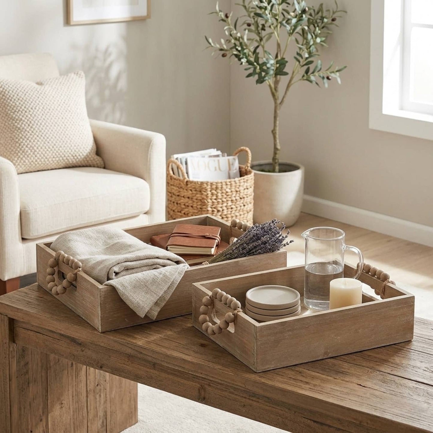Wooden Whitewash Tray Set of 2