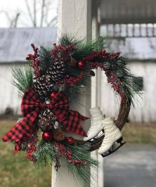 Red/Black Buffalo Check Wreath with Skates