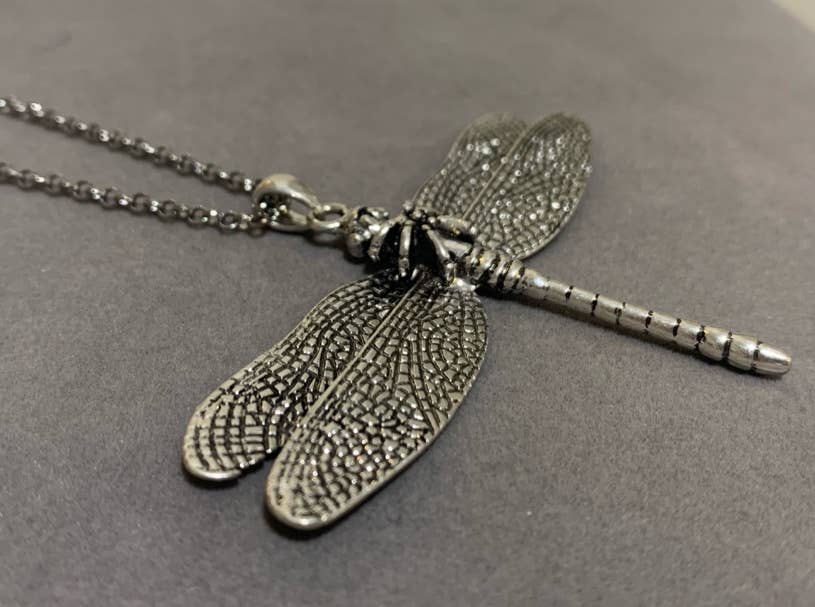 FR2477 3D Silver Burnished Dragonfly Long Chain Necklace